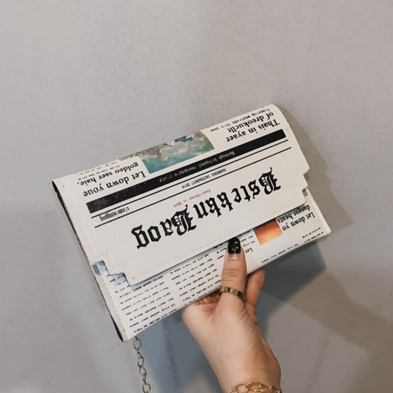 Bolso tipo sobre informal con de impresión de periódico para mujer, bolso de día con cadena, bandolera cruzada, bolso de mano