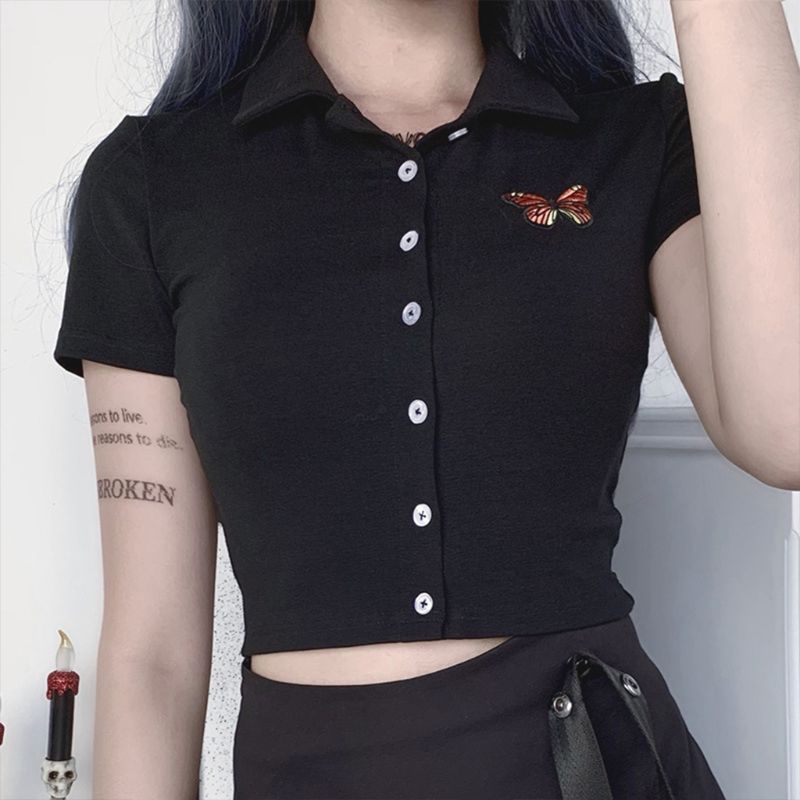 Retro Borduren Vlinder Decor Revers Korte Mouw Top Sexy Slim Fit Shirt Voor Vrouwen Dames Zomer Dragen