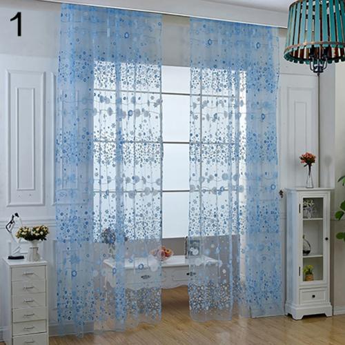 Pastorale Bloemen Voile Venster Deur Gordijn Balkon Valletjes Drape Panel Sheer Gordijnen Keuken En Woonkamer Raam Scherm: Blauw