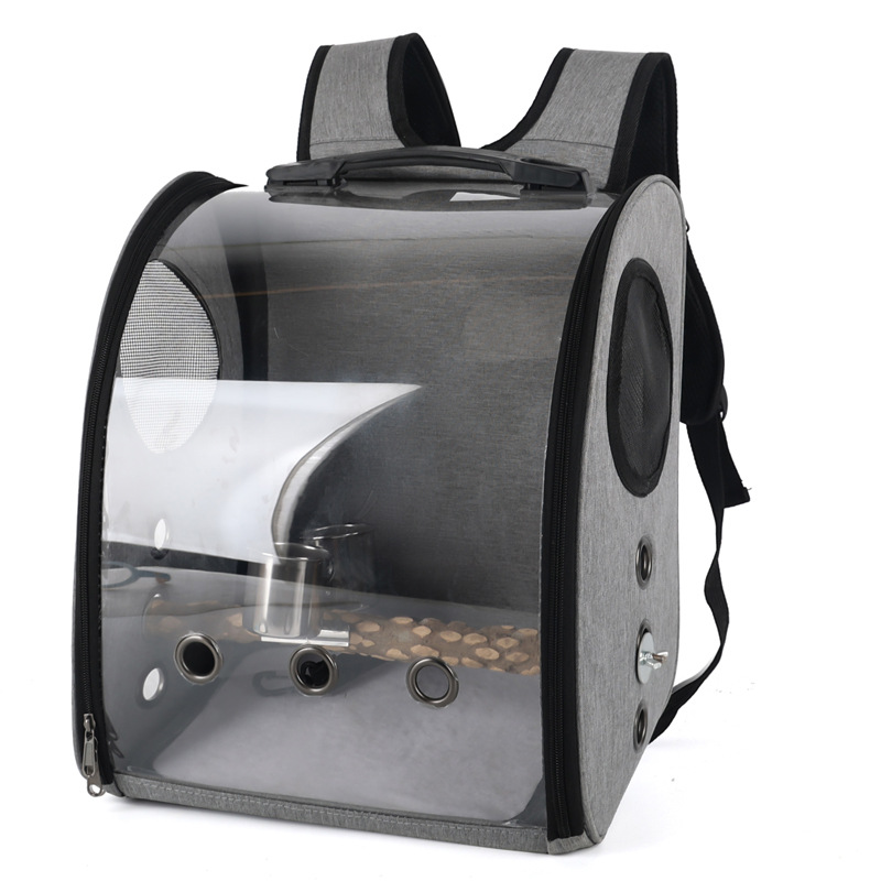 Mochila transpirable para pajaros y loros, bolsa ligera de viaje al aire libre para mascotas, soporte de cinturón lateral duro con taza de comida y pájaros: Grey2