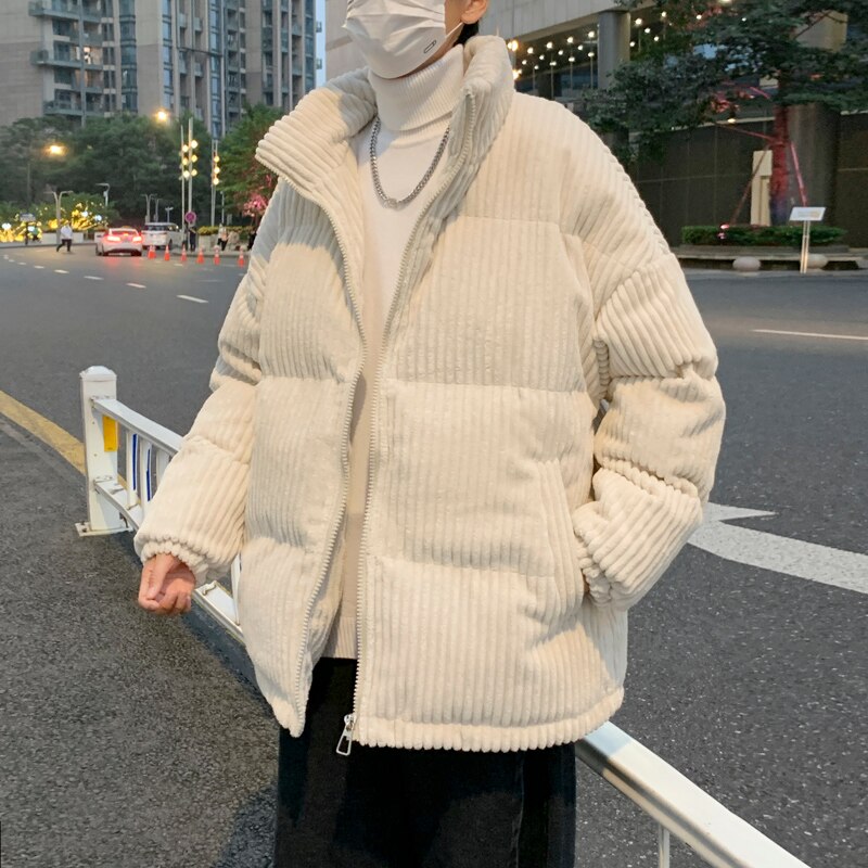 Giacca da uomo e da donna calda colletto in velluto a coste amanti del pane inverno Joker imbottito in cotone coppia sciolta addensare vestiti cappotto caldo in lana: M / White