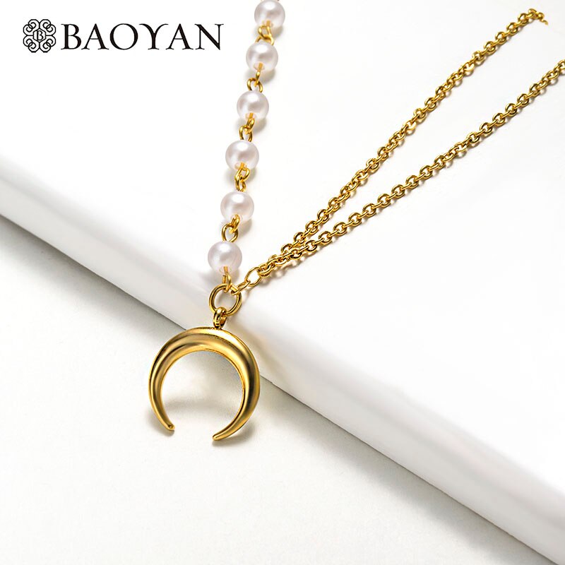 Baoyan Gold Crescent Mond Halsketten Modische Edelstahl Perle Kette Halsketten Einfache Goldene Horn Anhänger Halsketten Frauen