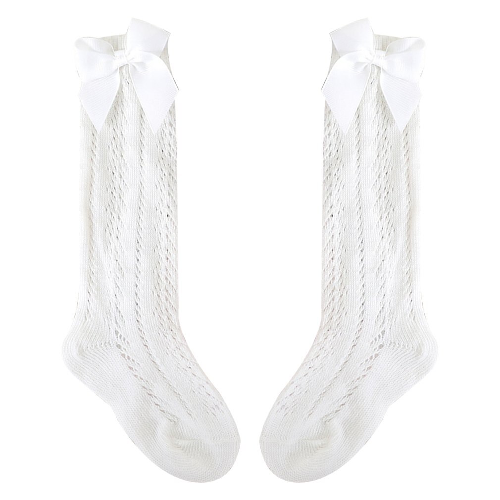 Peúgas infantis com arco crianças verão meninas joelho longo meias altas algodão macio oco para fora crianças malha princesa meias para 0-2 anos: 1