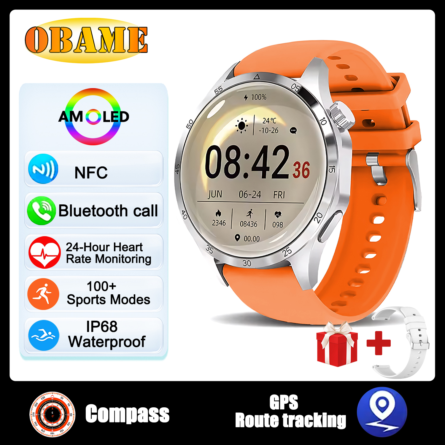 reloj inteligente clásico con GPS, pantalla AMOLED Ultra HD de 1,6 pulgadas, GPS incorporado, llamada BT, NFC, IP68, reloj inteligente resistente al agua para Android IOS: Rojo
