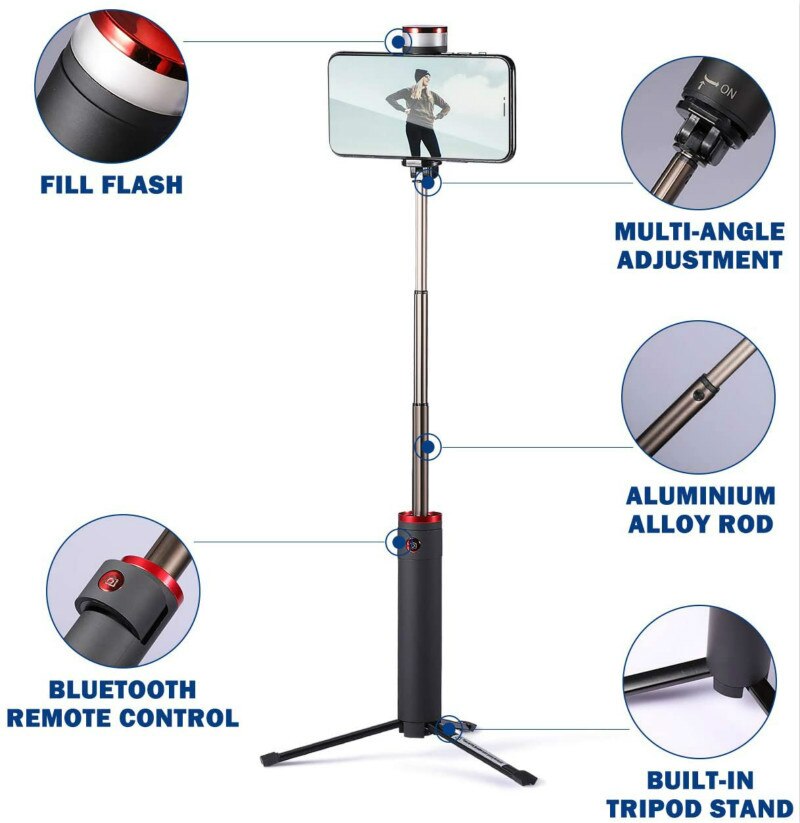 Bluetooth Selfie Stick Tripod with Fill Light & Wireless Remote Extendable Monopod for Iphone Android Phones Vlog Live Photo