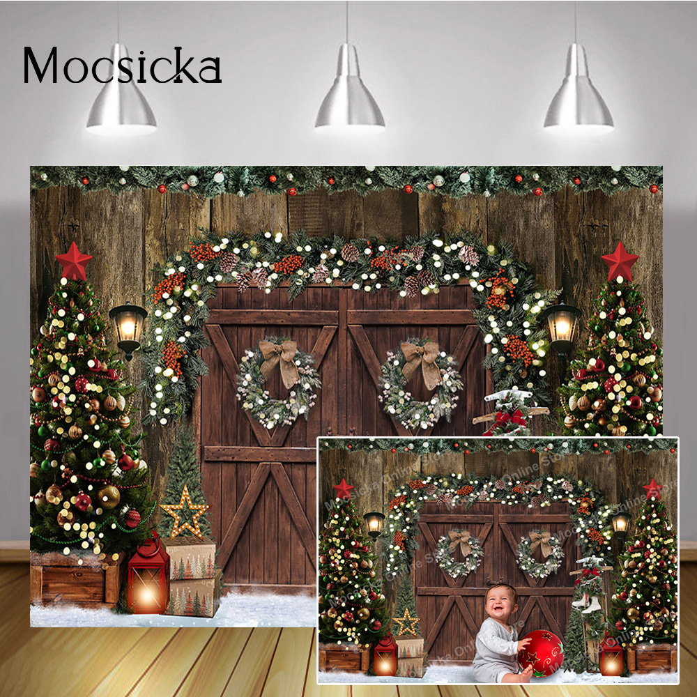 Winter Christmas Rustic Barn Wood Door Photo Backdrop Xmas Tree Snow Birthday Portrait Background Wreath Party Decor