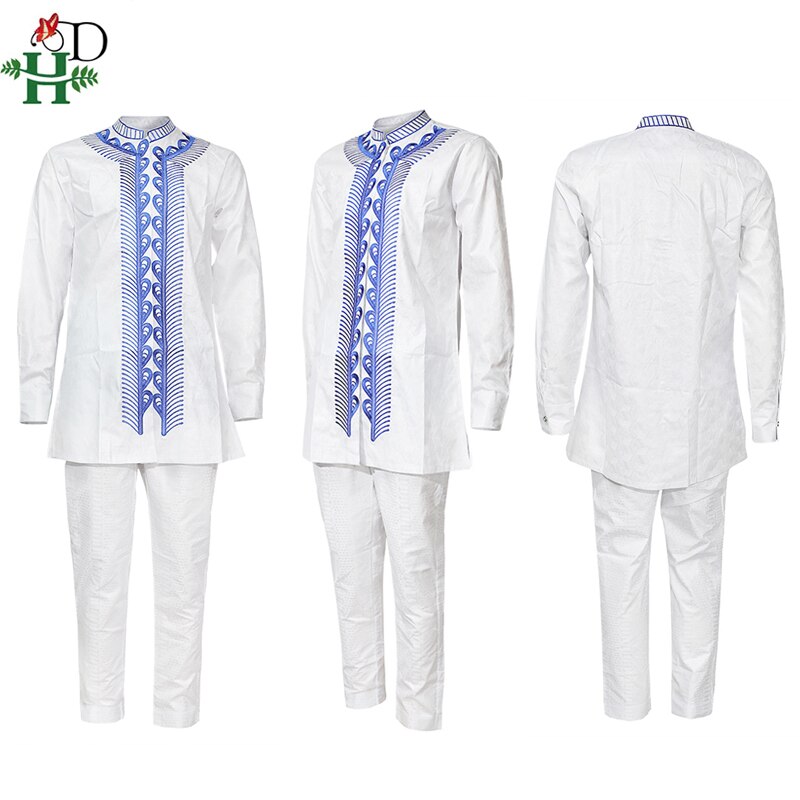H & D Africain hommes blanc vêtements Dashiki chemise pantalon costume Robe Bazin Brode Riche pantalon ensemble Boubou Africain Homme PH8090
