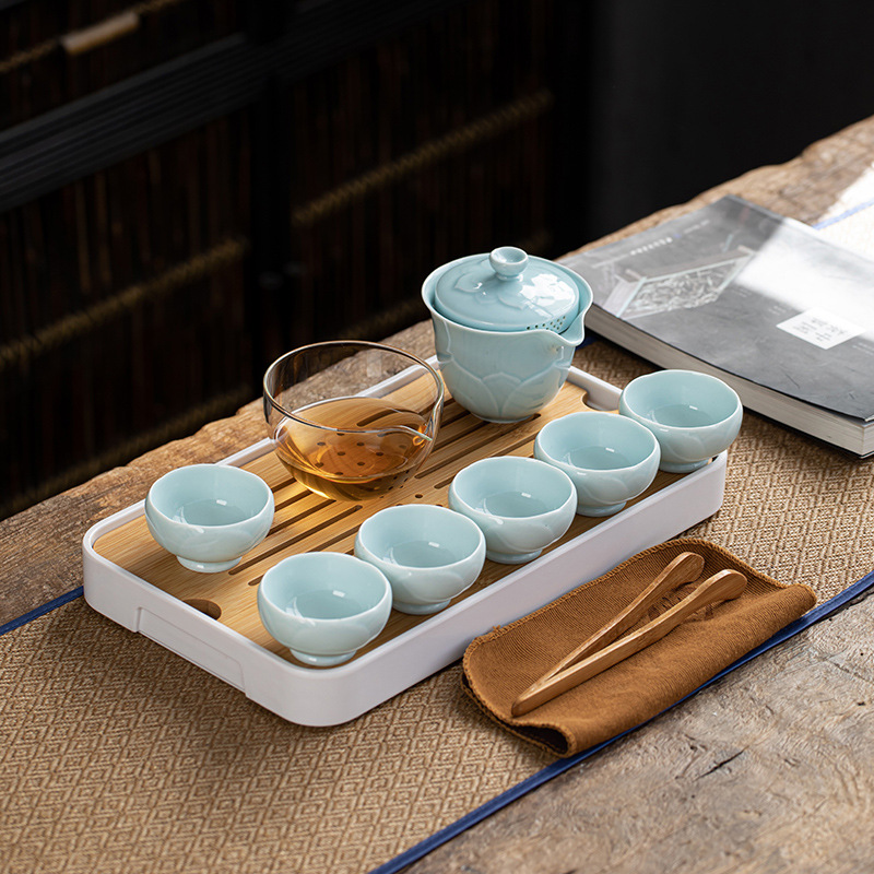 White Chinese Teaware Travel Tea Set Portable Outdoor Office Tea Plate Ceramic Flower Kung Fu Teaset Business Cool: Green