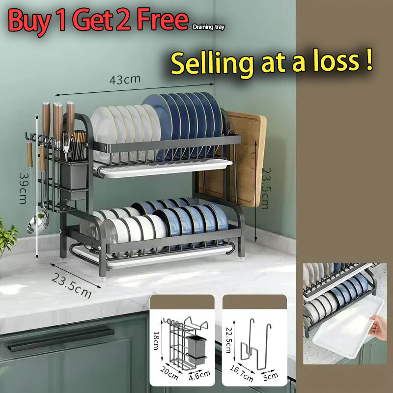 Estante de secado de platos de 2 niveles con soporte para utensilios, estantes ajustables, organizador de cocina que ahorra espacio, sistema de drenaje, gabinete de almacenamiento