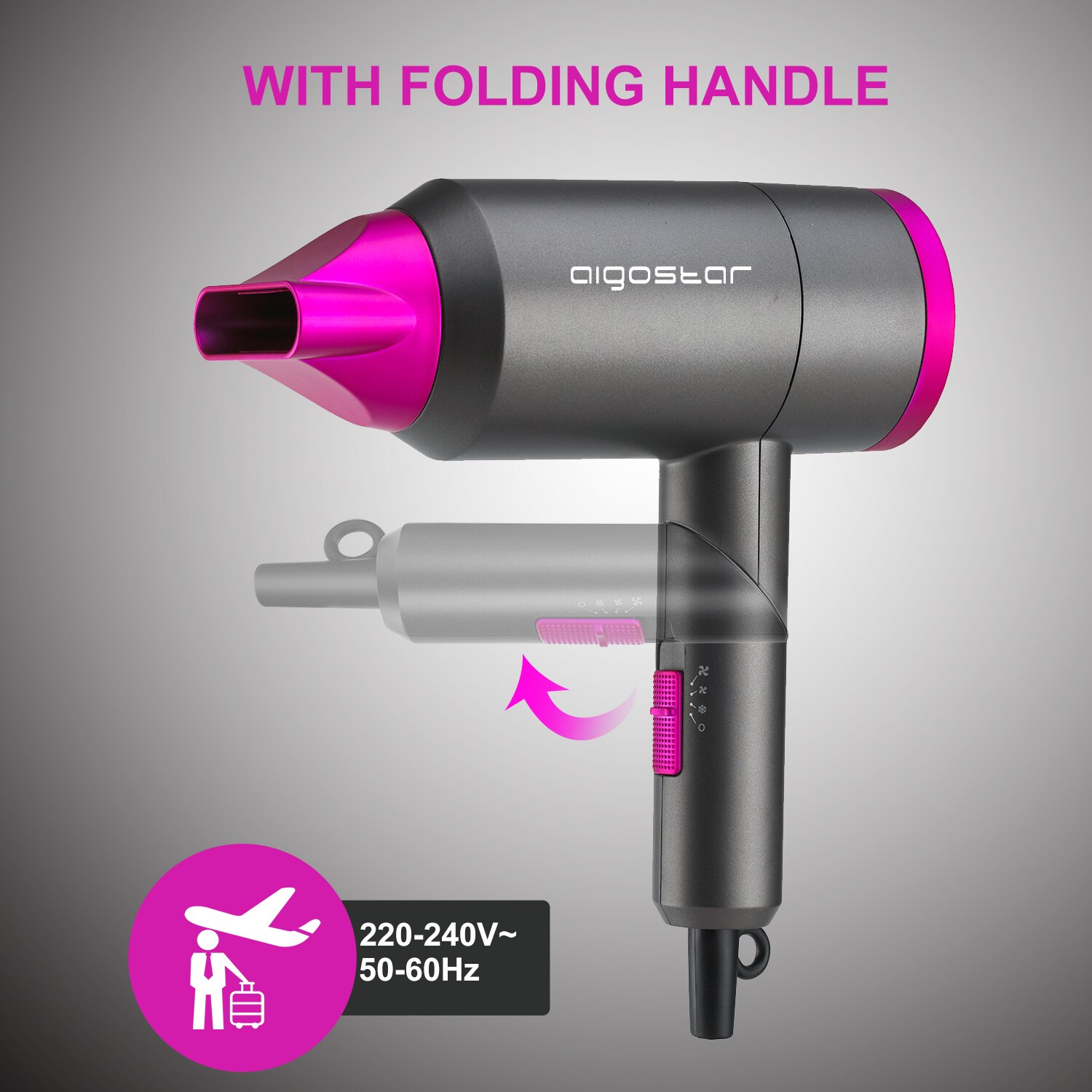 Aigostar Diane 32QYD - Secador de pelo， 1800W， ocupa poco espacio: mango plegable， 2 velocidades， 3 temperaturas. Incluye boquilla concentradora de calor. Perfecto para viajes. Color gris y rosa.