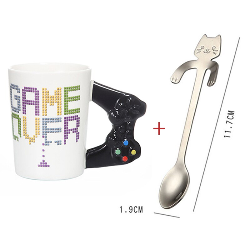380ml Game Over Coffee Mug 3D Game Controller Handle Mug Ceramic Milk Tea Cups Gameboy Birthday Christmas Best: Green Mug With Spoon