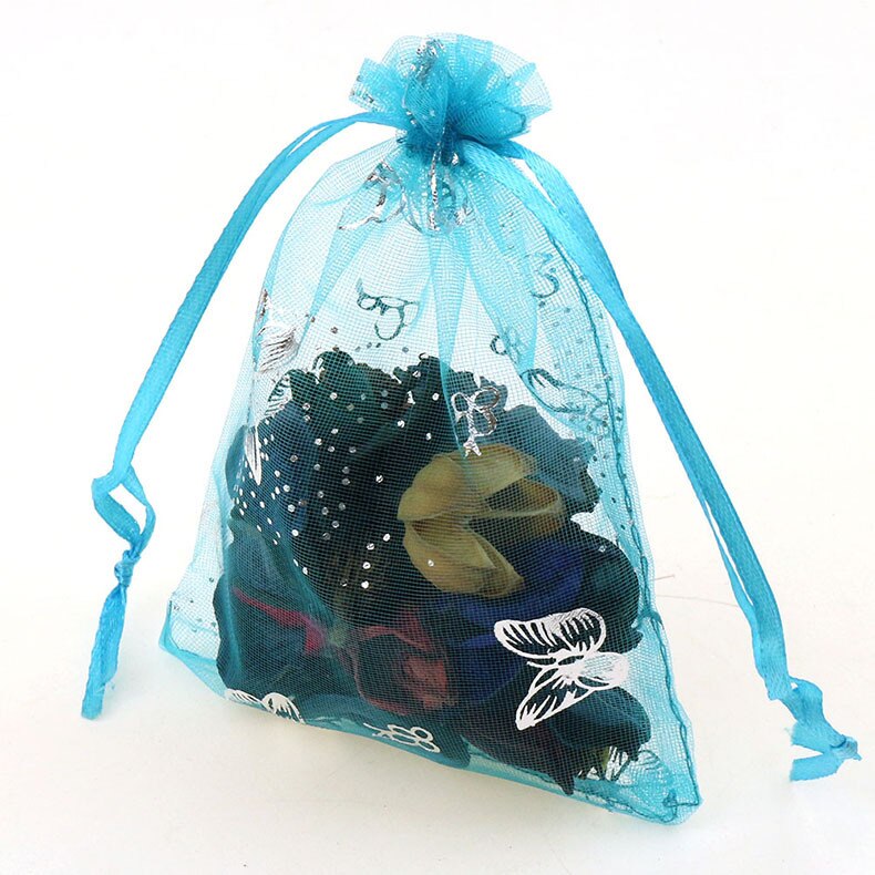 100 Stks/partij 9X12Cm Vlinder Huwelijkscadeau Tassen Voor Sieraden Tassen En Verpakking Organza Zakje Koord Bag Opslag display Zakjes: 9x12cm Sea Blue