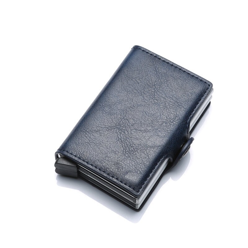 Dobbeltlag anti rfid mænd læder kreditkortholder metal id-kortholder aluminiumskortbeskyttelse mandlig rejsepung: Blå
