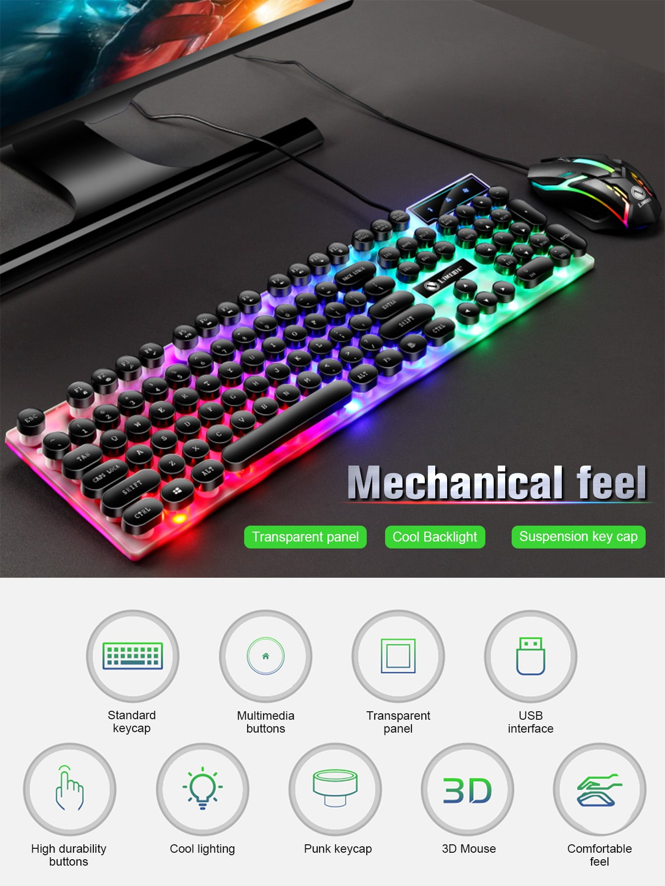 Glow Mechanical Feel Kabelgebundenes Tastatur- und Maus-Set, ergonomisches , geeignet für den Gaming- und Bürogebrauch