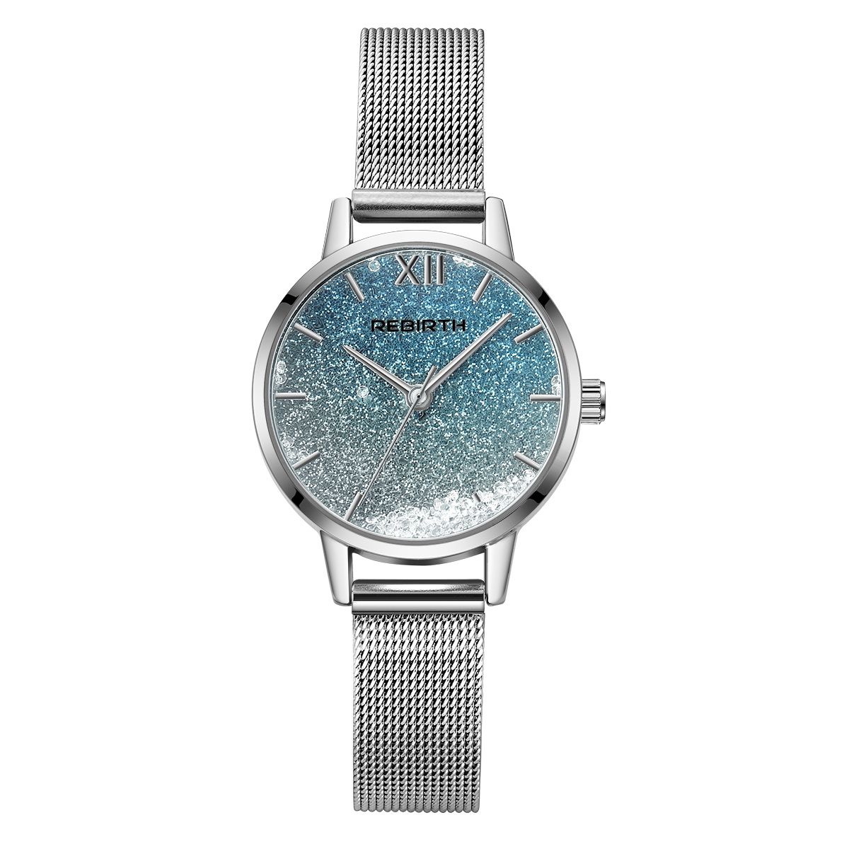 Wiedergeburt Original Damen uhren wasserdicht Treibsand lässig Zifferblatt Gittergewebe Armbinde kleine Damen uhren Mädchen Uhren: Blau