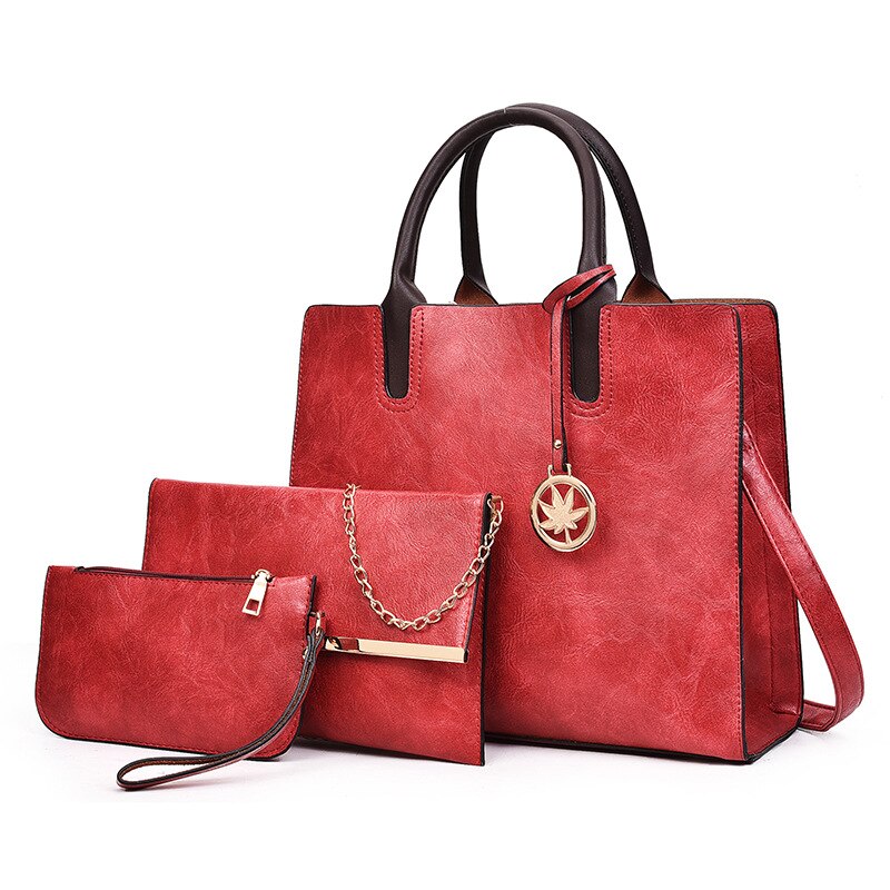 3 stk dametaskesæt pu læder dame håndtaske ensfarvet messenger bag skuldertaske pung tasker til kvinder: Rød