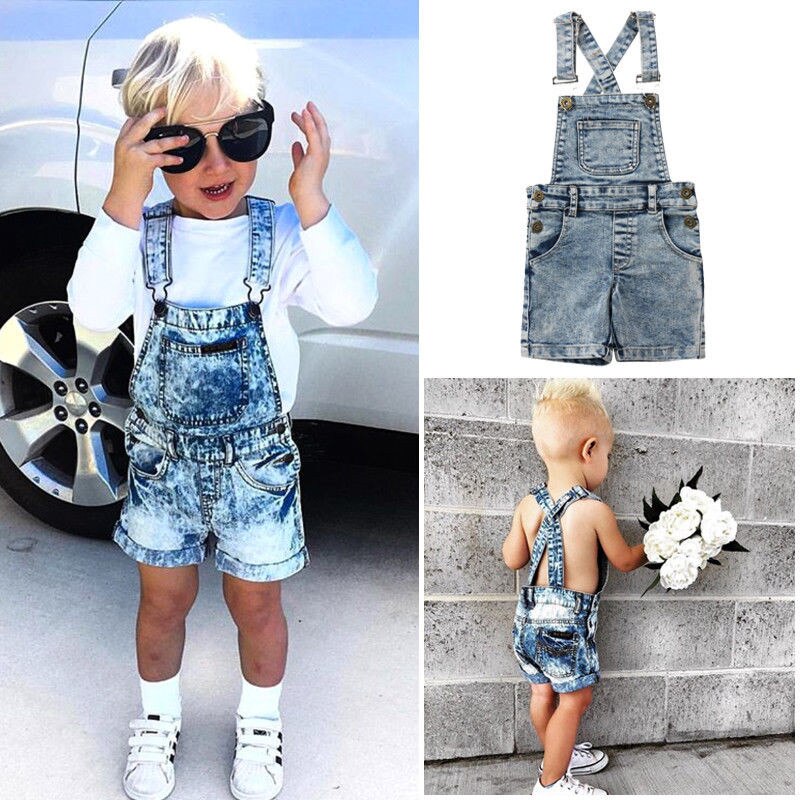 Baby Jongens Meisjes Denim Bib Broek Overalls Jean Mouwen Terug Cross Shorts Jumpsuit Outfits Zomer Kleding