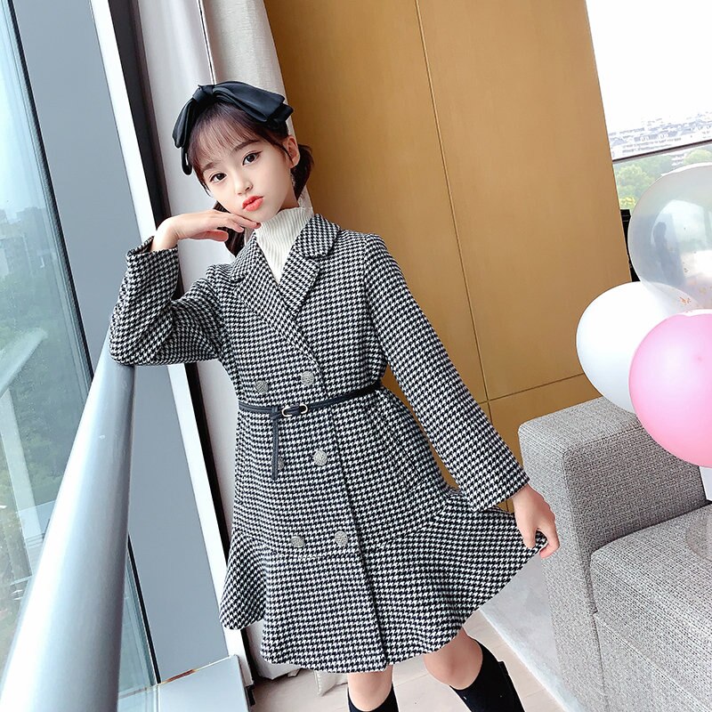 Abrigo de lana gruesa para niña, Chaqueta larga de estilo a cuadros, a la para niño prendas de vestir, ropa para adolescentes de 5 a 14 años, Otoño e Inglaterra