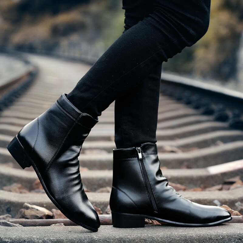 Menn vinterstøvler pu skinn chelsea støvler sko varme sko glidelås støvletter herre ankelstøvletter svarte støvletter  m4-33