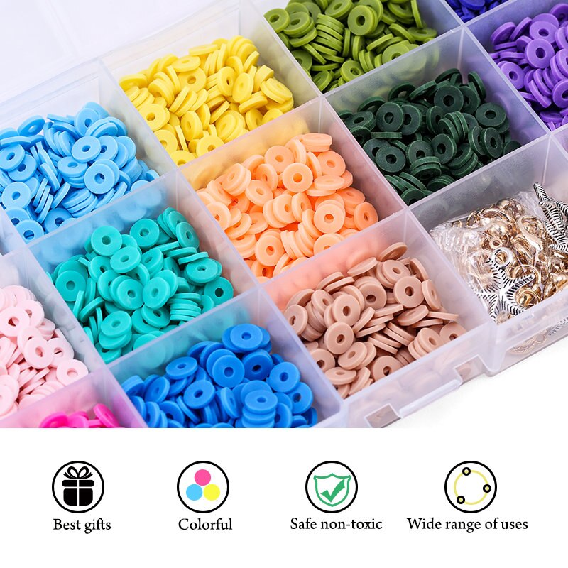 15Slots 6mm Flache Polymer Clay Perlen DIY Schmuck Kennzeichnung Perlen Set Mit Anhänger Charms Für DIY Schmuck Machen armbänder Halskette