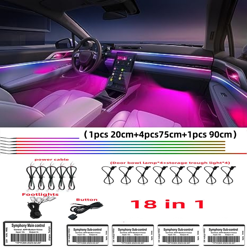 Full Color Streamer Car Ambient Lights RGB 64 Color Universal LED Interior Hidden Acrylic Strip Symphony Atmosphere Lamp 18 in 1
