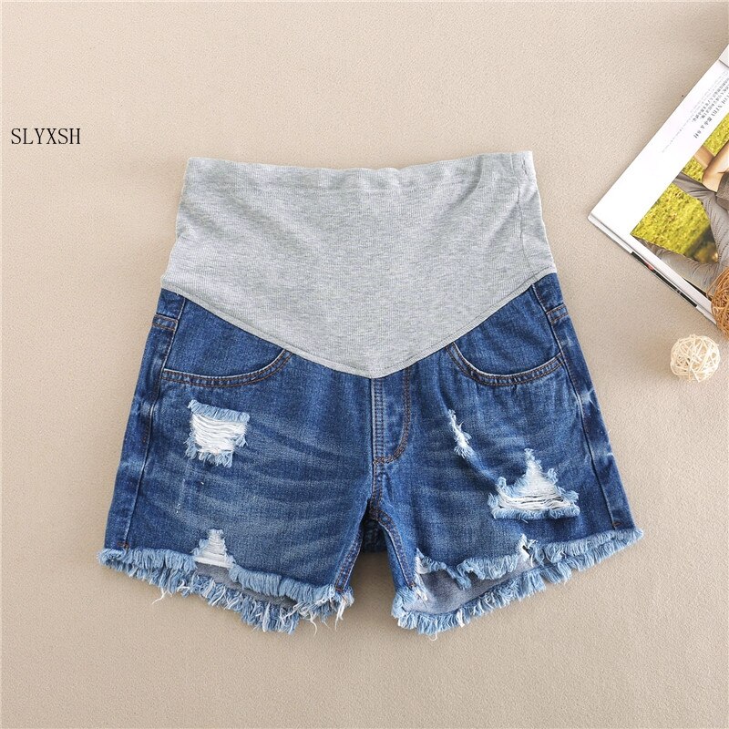 Slyxsh kantede mørkeblå denim barsel shorts elastisk talje graviditet korte jeans sommer tøj til gravide kvinder