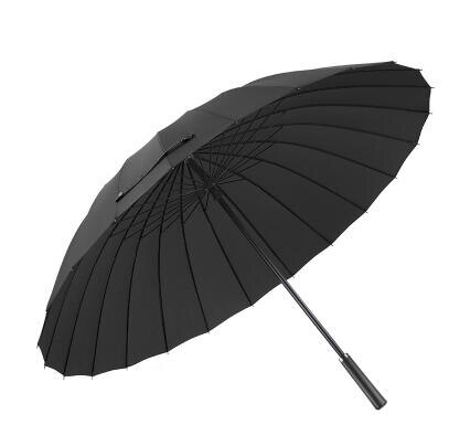 Høj 24 ben paraply mand kvinder læder håndtag langhåndteret manuelt vindtæt regn paraply: Sort