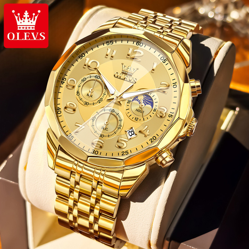 OLEVS 3676 Herenhorloge Quartz Horloge Multifunctionele Chronograaf Waterdicht Lichtgevende Maanfase Horloge Heren Originele Reloj: Bruin