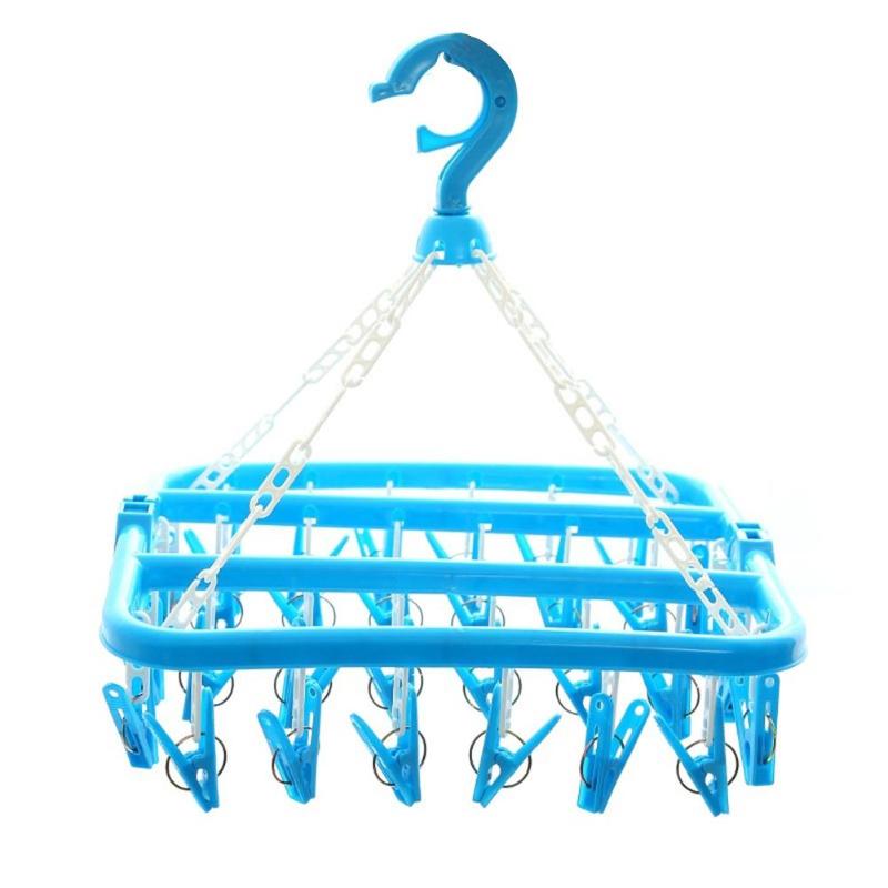 32 Clips Portable chaussettes tissu cintre support pince à linge multifonctionnel support de séchage porte-chaussette garde-robe rangement cintres en tissu: Bleu