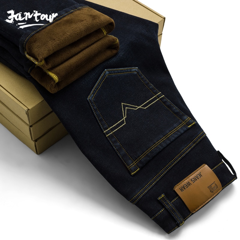 Inverno quente térmica flanela estiramento jeans dos homens de qualidade famosa marca velo calças homens em linha reta reunindo calças jean masculino 28-40