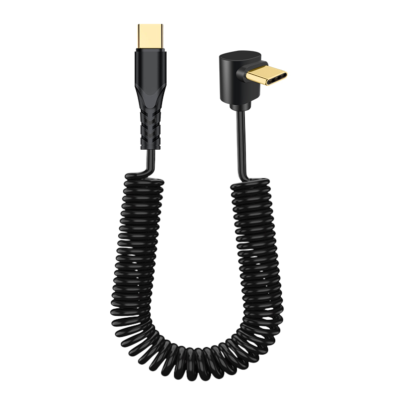 90 Degree Right Angle USB C Male to USB C Male Coiled Cable Type-C 60W Fast Charging and Data Transfer Spring Date Cable: black
