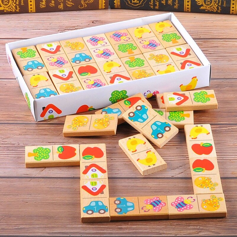 28 pièces bébé en bois Domino bloc jouets dessin animé jardin Animal véhicule fruits Domino blocs jouets éducatifs jeu de correspondance: Default Title