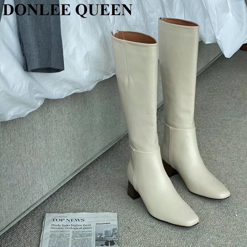 Vinter knehøye støvler kvinner med hæl lange støvler glidelås firkantet tå sko kvinner casual chelsea støvler for kvinner merke sko