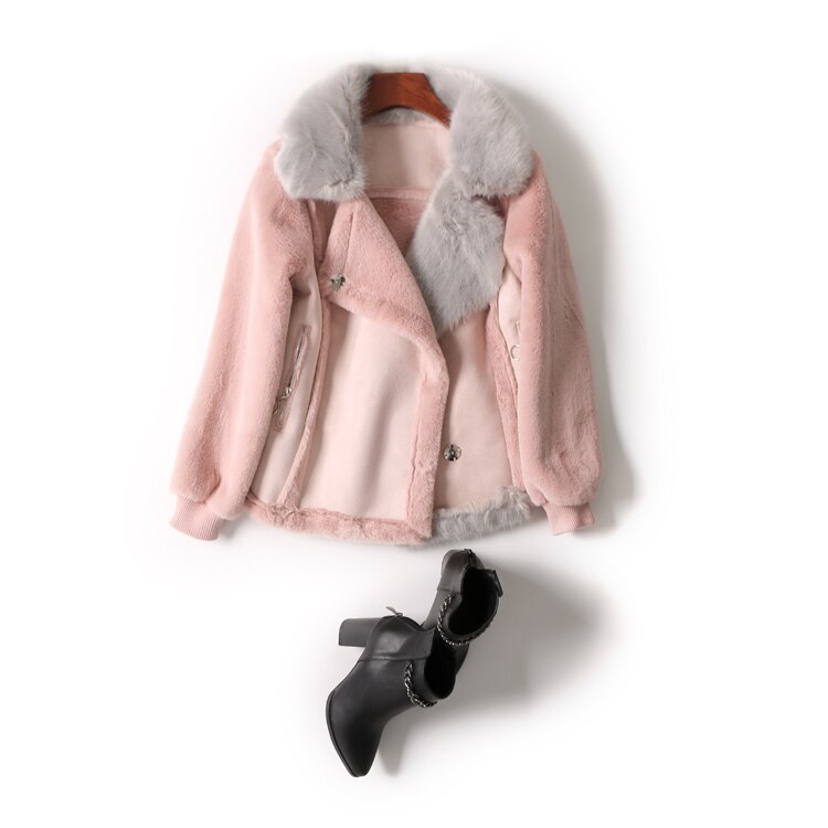 Winter Cropped Faux Leather Suede Jacket Women Female Warm Motorcycle Biker Faux Fur Lined Suede Short Coat Ladies Windbreaker: pink suede / L