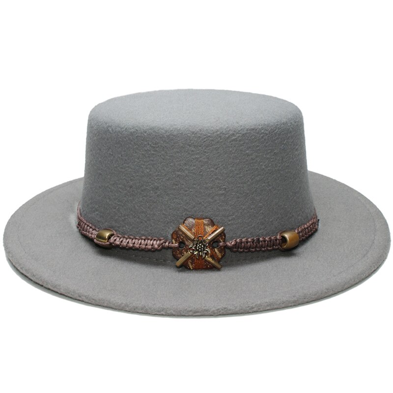 Retro Unisex Women Men /Kid Child Wool Fedora Flat Dome Oval Top Bowler Porkpie Pork-pie Hat Wood Bead Knitted Band (54/57cm): Gray / Adult Size 57cm