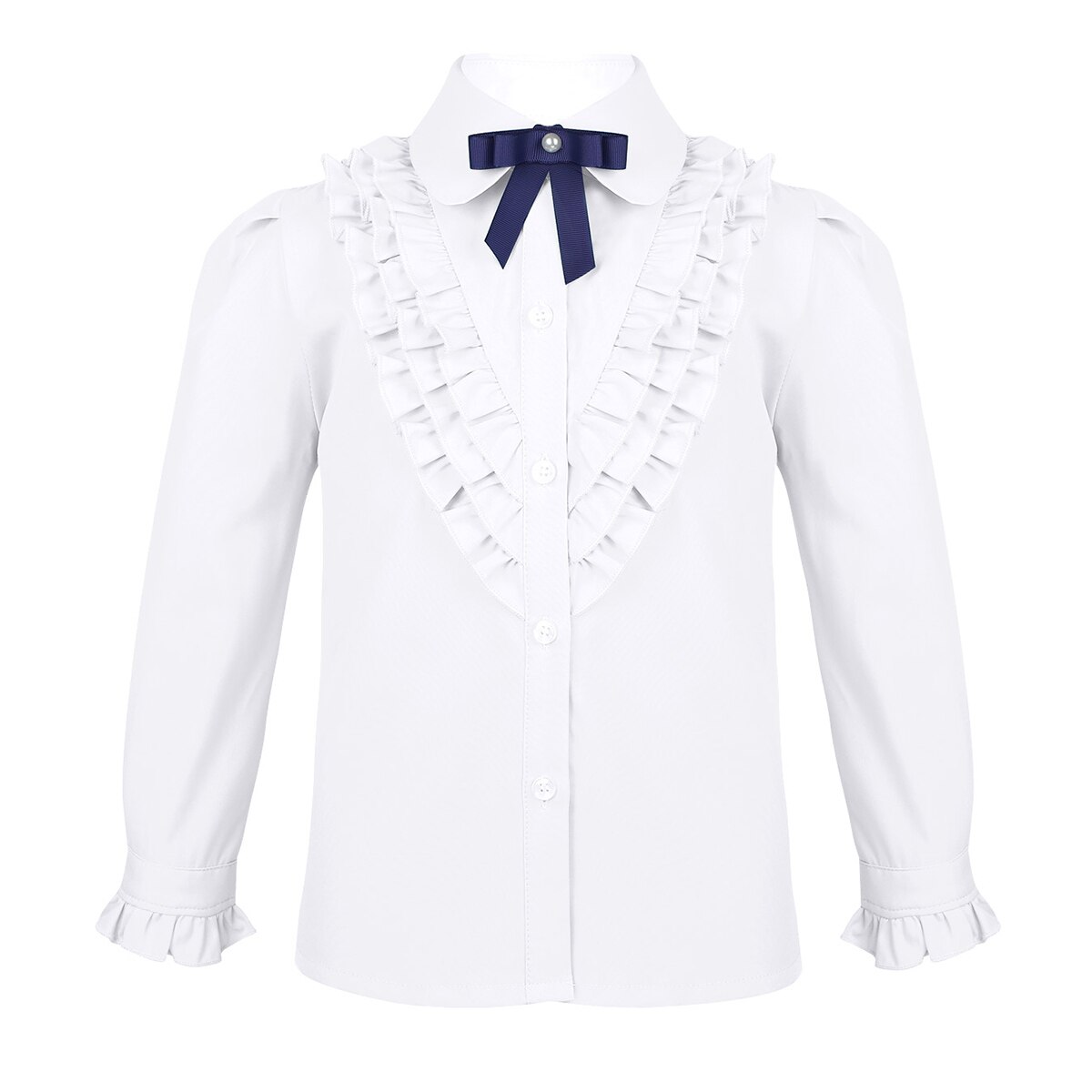 Cute Kids Girls Blouse School Uniform Turn-Down Collar Bowknot Ruffled Front Baby Blouse Long-Sleeved Buttons Closure Shirt Tops: White / 5