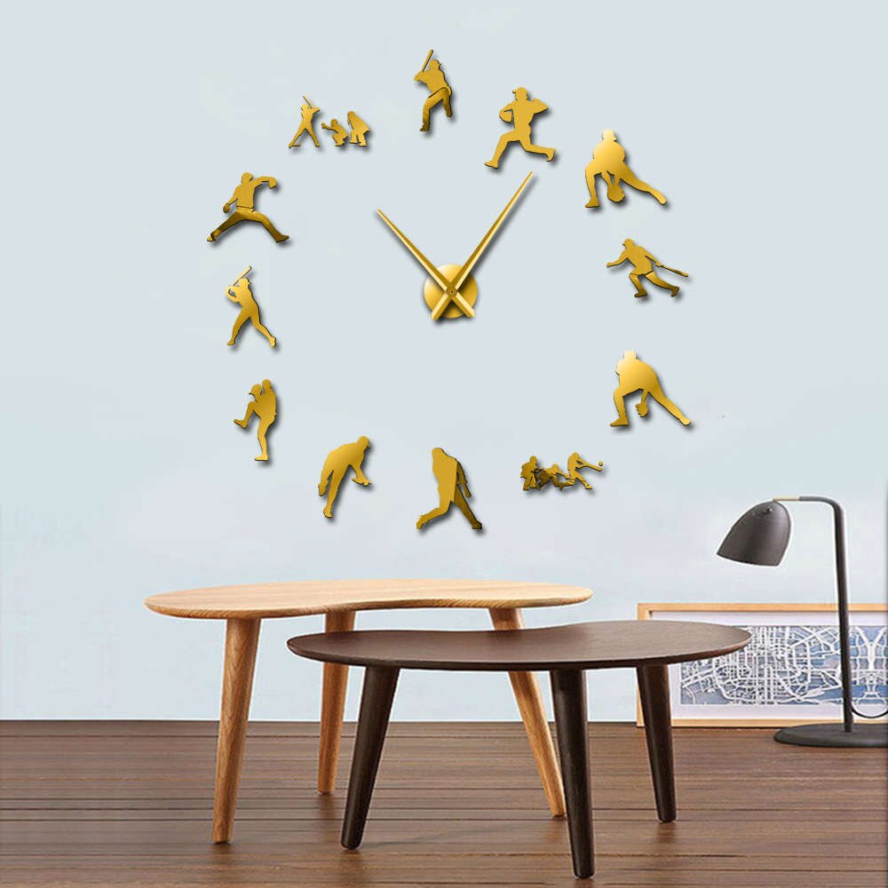 Baseball Wandklok Frameloze Diy Giant Grote Wandklok 3D Horloges Spiegel Effect Softbal Wall Art Decor Voor Woonkamer: Gold / 37inch