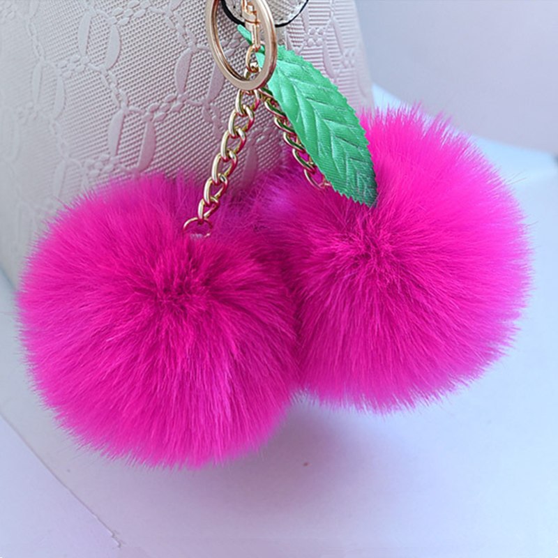 Leuke Pluizige Faux Konijnenbont Bal Pompom Sleutelhanger Cherry Gold Sleutelhanger Pom Pom Sleutelhanger Bag Charms Wedding trinket