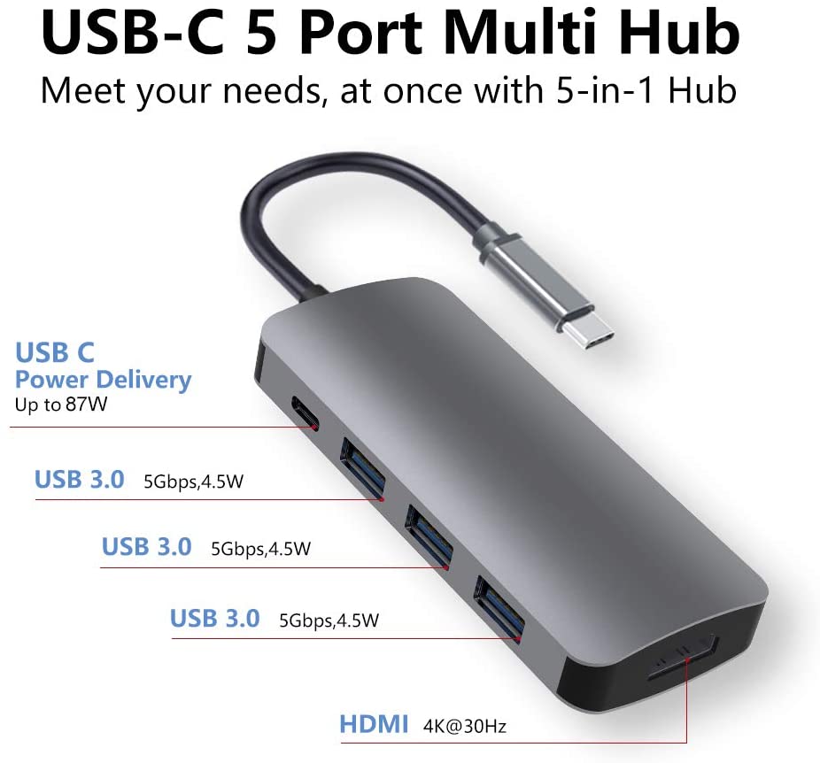 Usb C Hub, Haribol 5-In-1 Usb Type C Adapter Met 4K Hdmi, 3 Usb 3.0, 87W Usb C Pd Charge Port Voor Macbook Pro Samsung