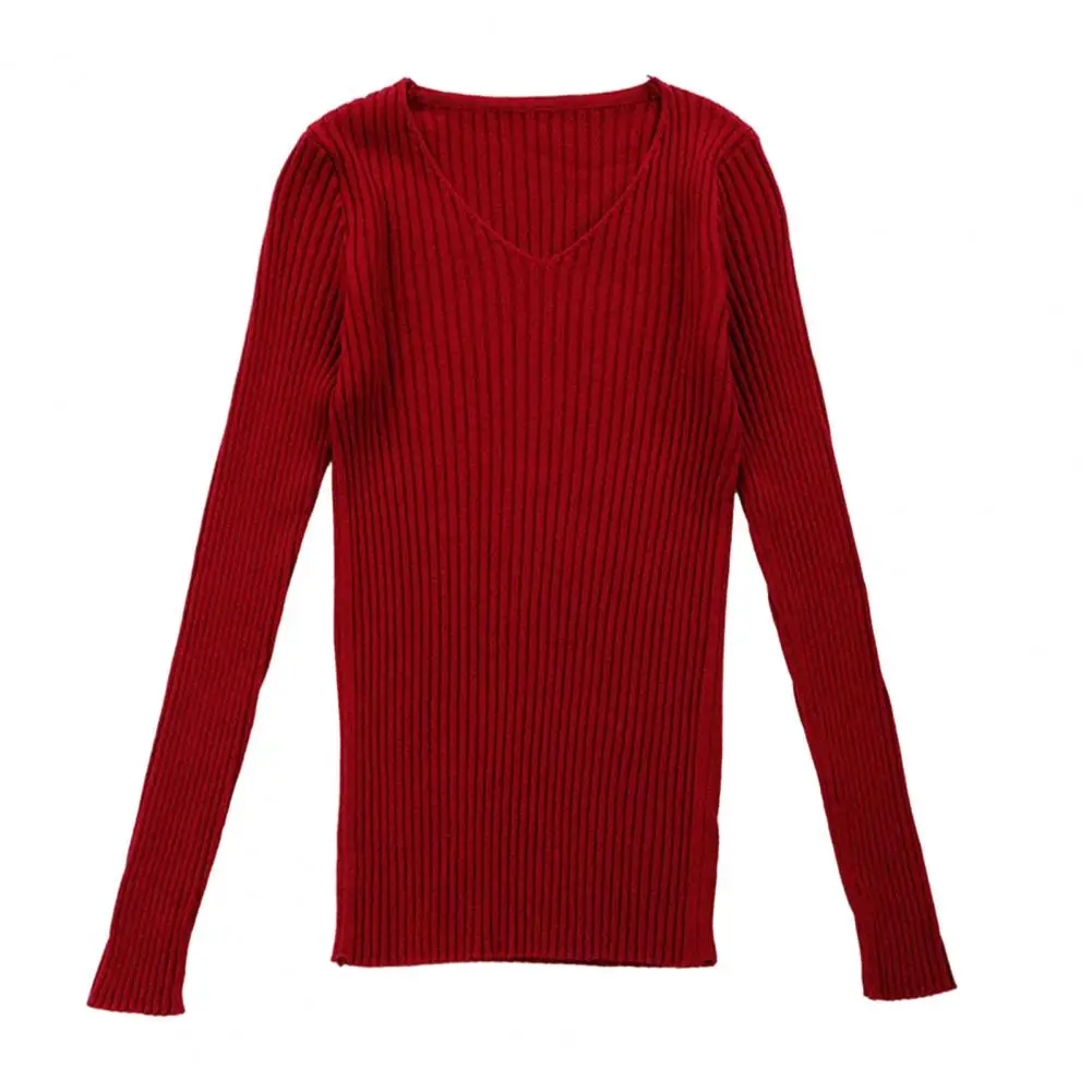 Myk strikket genser med v-hals, langermet genser til dame, slim fit, strikkegenser med ribbet bunn, ensfarget: Himmelblå