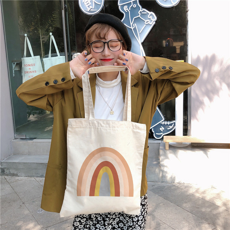 Rainbow Cotton Canvas Bag Women&#39;s Casual Shoulder Bags Lady Handbag Reusable Large Capacity Tote Bags Student Book Bag