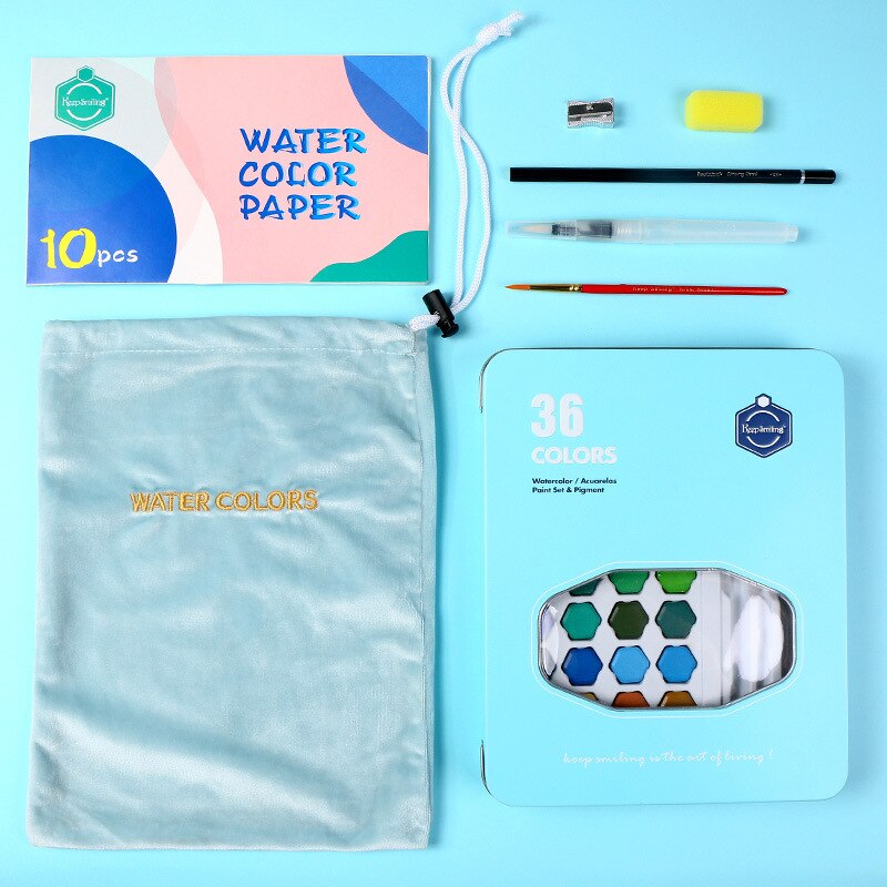 Professionele 36 Kleuren Solid Aquarel Verf Set Met Kwast School Water Kleur Pigment Set Art Supplies Voor Kunstenaar: Blue Set
