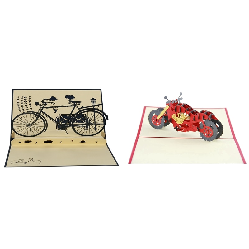 2 stk 3d op håndlavede vintage kort postkort fødselsdag lykønskningskort - retro cykel & motorcykel