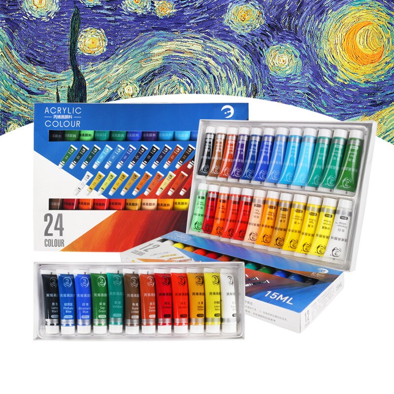 Vandafvisende 24 farver 15ml tube akryl maling sæt farve negle glas kunst maling maling til stof tegneværktøjer til børn diy