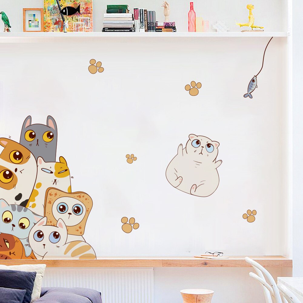 Kawaii Cats Cartoon Wall Sticker for Baby Room Nursery Kindergarten Decorative Wall Decal PVC Waterproof Removable DIY