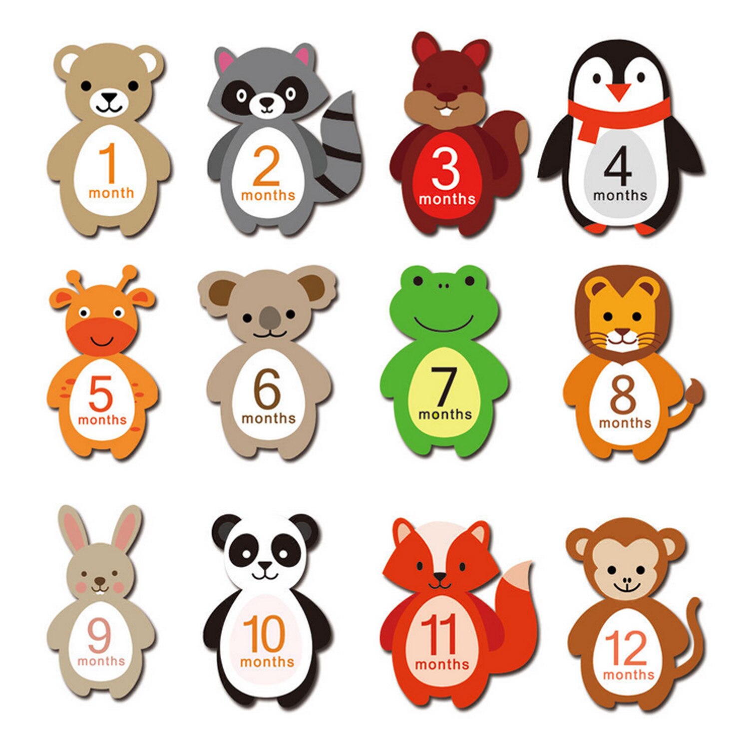 12PCS Baby Milestone Stickers Infants 1-12 Months Growth Record Photograph Monthly Stickers DIY Commemorative Photo Booth Props: Animal