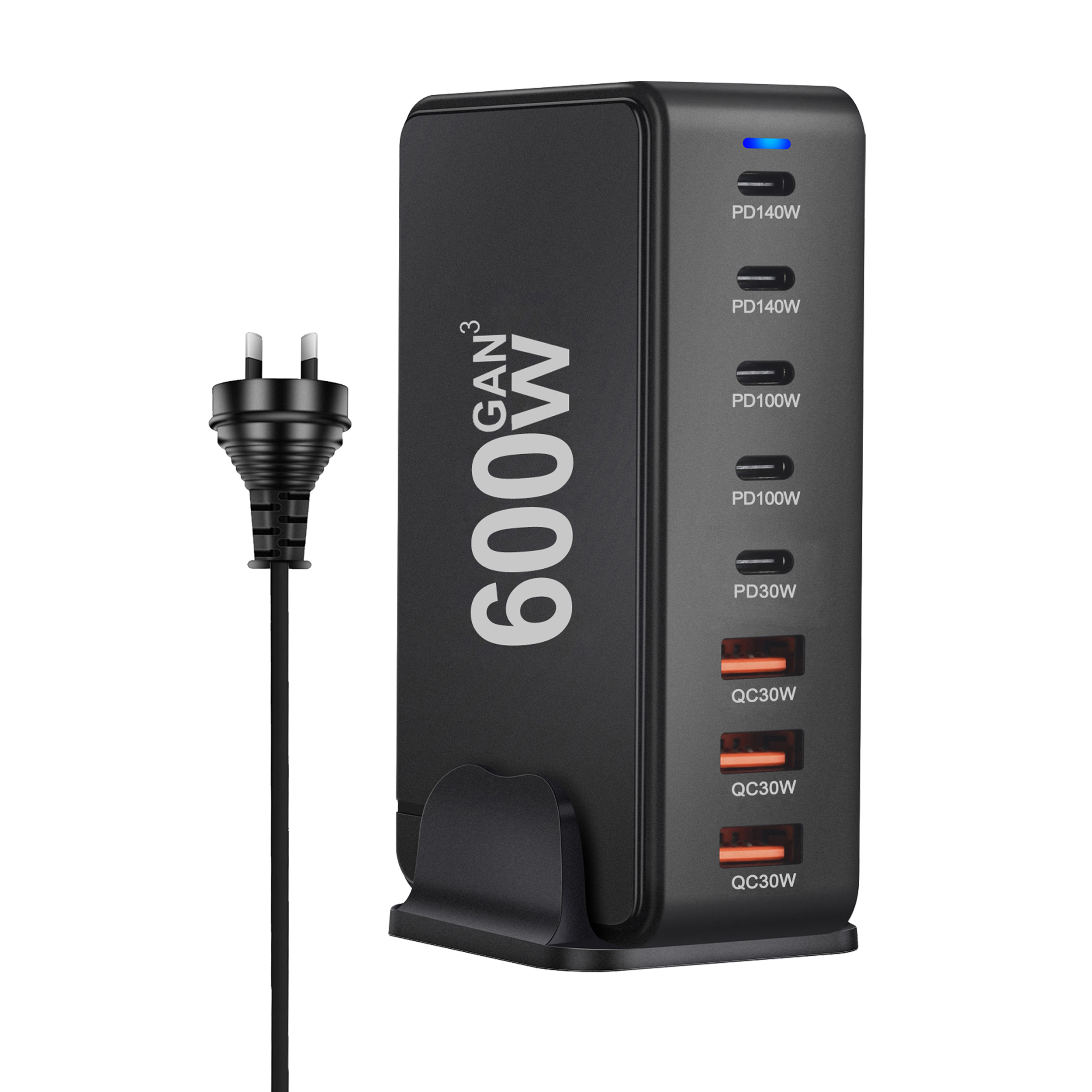 600W GaN Fast Charge 3.0 USB-C Charger with 8 Ports 5C3A PD, Portable and Suitable for Tablets: AU