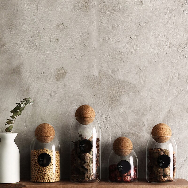 Clear Glass Jar Bottle Kitchen Storage Jars with Cork Ball Lid Airtight Canister Beans Granis Candy Kitchen Storage Organizer