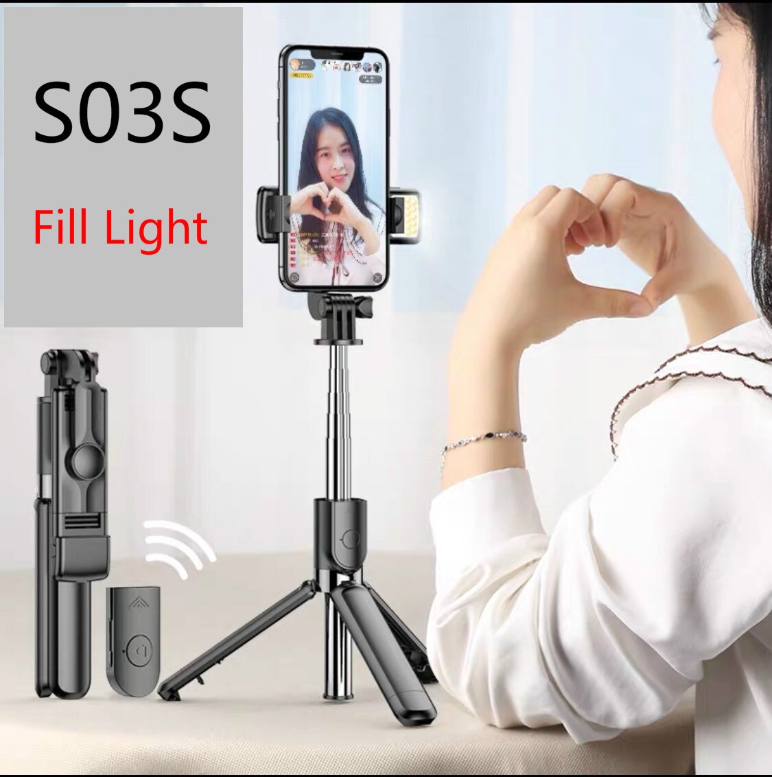 Wireless Bluetooth Selfie Stick Tripod, Foldable Tripod and Monopod with Remote Shutter, Suitable for Iphone Samsung Huawei: S03S Selfie Stick