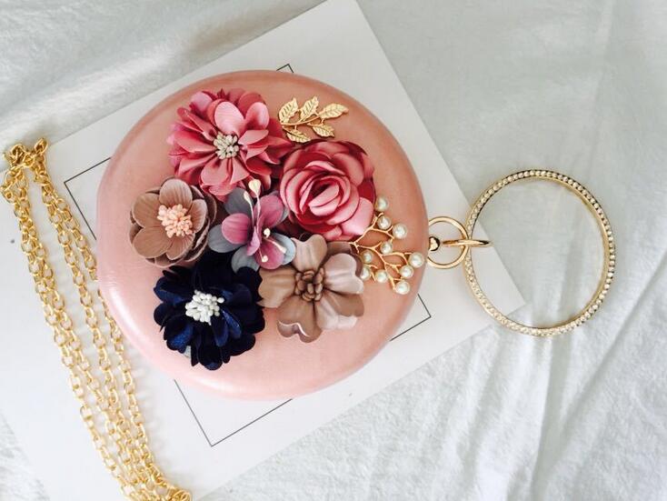 Round Evening bags Flower Ring handle bags Day Clutches Bride wedding party purse Luxury shoulder bags Casual Clutch: Pink